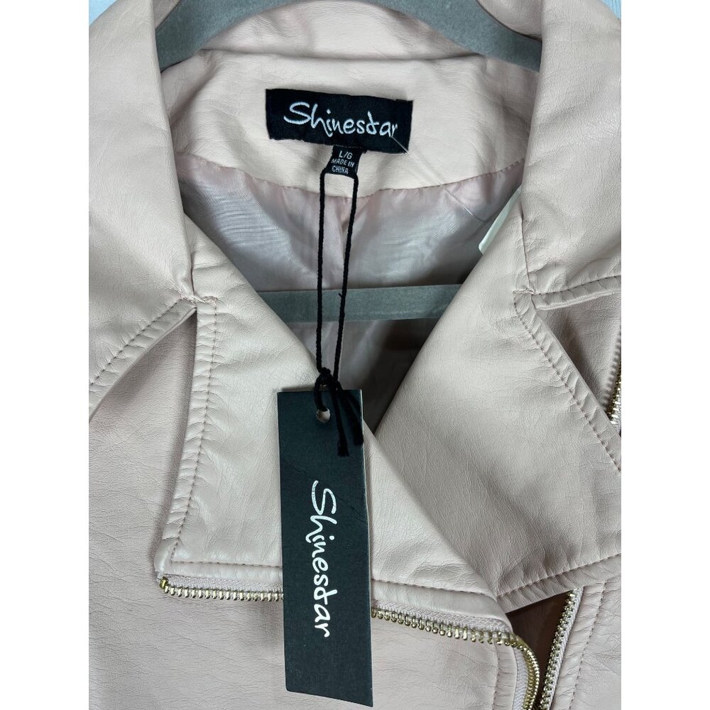 Shinestar Cropped Moto Jacket Faux Leather Beige Blush Zip Shoulder Pads L Y2K - Picture 6 of 16
